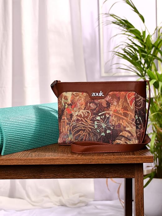 Zouk Premium Jute & Vegan Leather Sling Bag – Printed Motif Crossbody Utility Purse