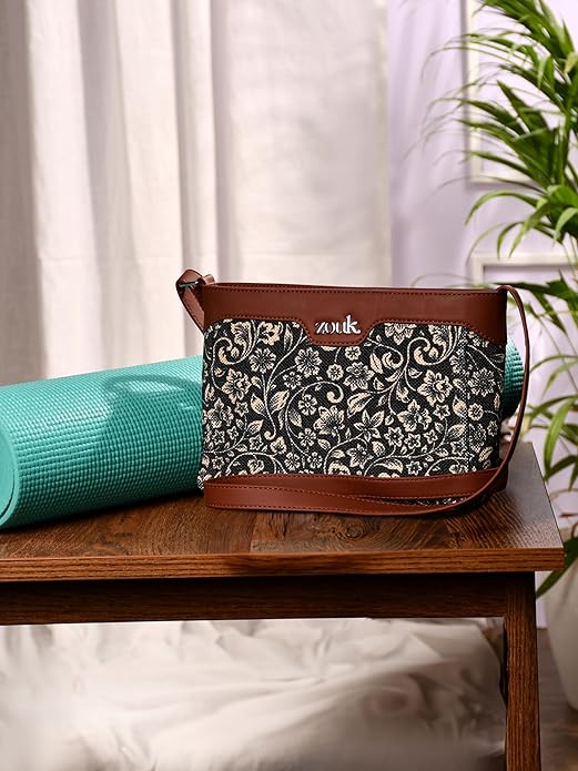 Zouk Premium Jute & Vegan Leather Sling Bag – Printed Motif Crossbody Utility Purse