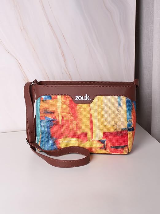 Zouk Premium Jute & Vegan Leather Sling Bag – Printed Motif Crossbody Utility Purse