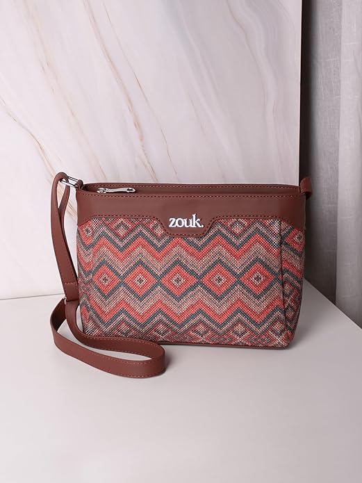 Zouk Premium Jute & Vegan Leather Sling Bag – Printed Motif Crossbody Utility Purse