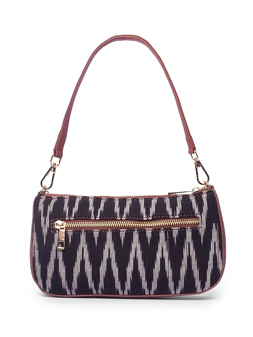 Zouk Premium Jute & Vegan Leather Baguette Shoulder Bag – Black Ikat Printed Utility Sling