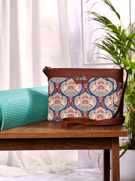Zouk Premium Jute & Vegan Leather Sling Bag – Printed Motif Crossbody Utility Purse