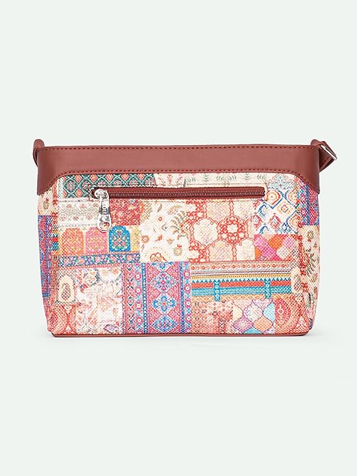 Zouk Premium Jute & Vegan Leather Sling Bag – Printed Motif Crossbody Utility Purse