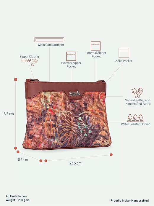 Zouk Premium Jute & Vegan Leather Sling Bag – Printed Motif Crossbody Utility Purse