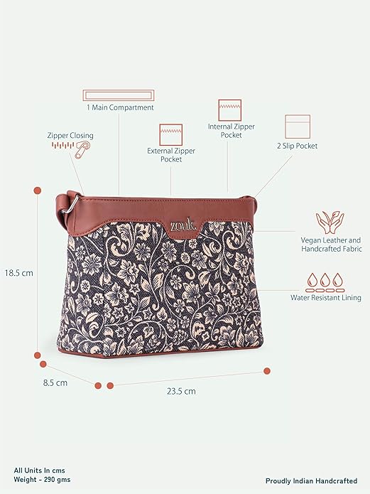 Zouk Premium Jute & Vegan Leather Sling Bag – Printed Motif Crossbody Utility Purse