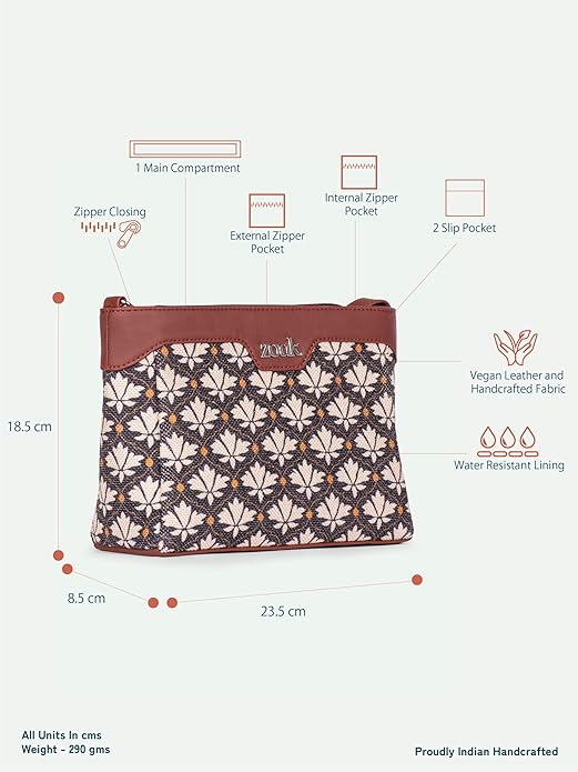 Zouk Premium Jute & Vegan Leather Sling Bag – Printed Motif Crossbody Utility Purse