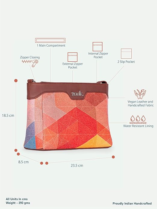 Zouk Premium Jute & Vegan Leather Sling Bag – Printed Motif Crossbody Utility Purse