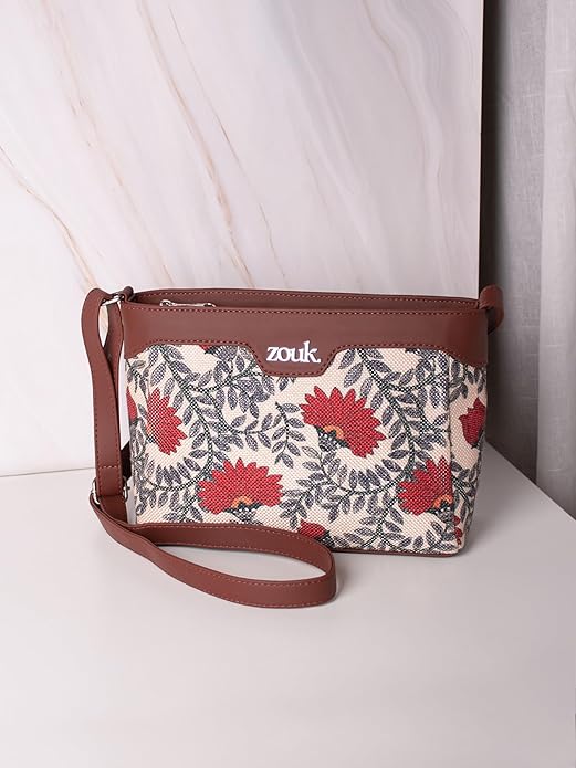 Zouk Premium Jute & Vegan Leather Sling Bag – Printed Motif Crossbody Utility Purse