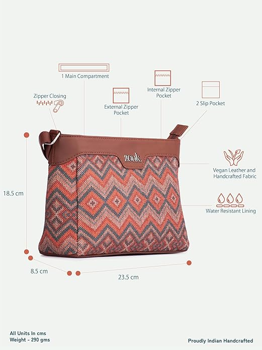 Zouk Premium Jute & Vegan Leather Sling Bag – Printed Motif Crossbody Utility Purse