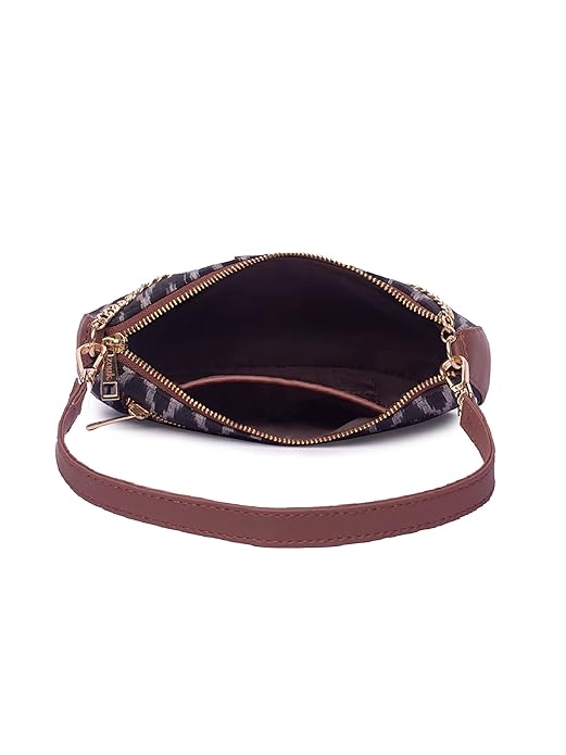 Zouk Premium Jute & Vegan Leather Baguette Shoulder Bag – Black Ikat Printed Utility Sling