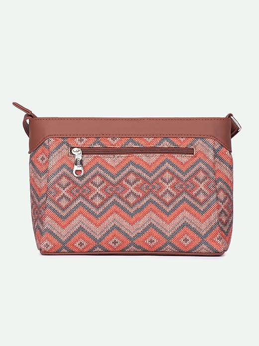 Zouk Premium Jute & Vegan Leather Sling Bag – Printed Motif Crossbody Utility Purse