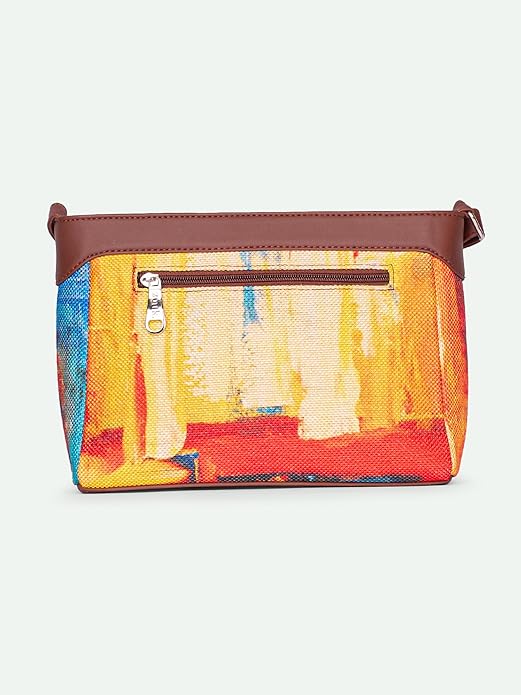 Zouk Premium Jute & Vegan Leather Sling Bag – Printed Motif Crossbody Utility Purse