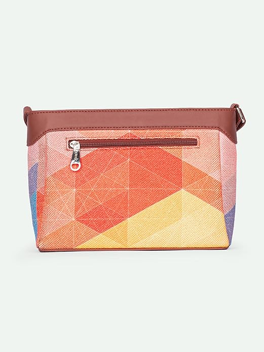 Zouk Premium Jute & Vegan Leather Sling Bag – Printed Motif Crossbody Utility Purse
