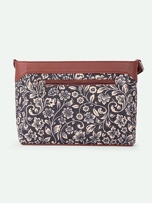 Zouk Premium Jute & Vegan Leather Sling Bag – Printed Motif Crossbody Utility Purse