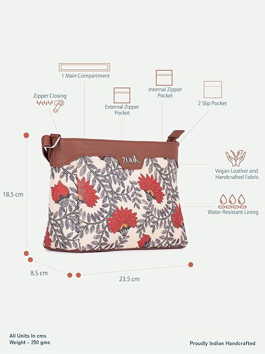 Zouk Premium Jute & Vegan Leather Sling Bag – Printed Motif Crossbody Utility Purse