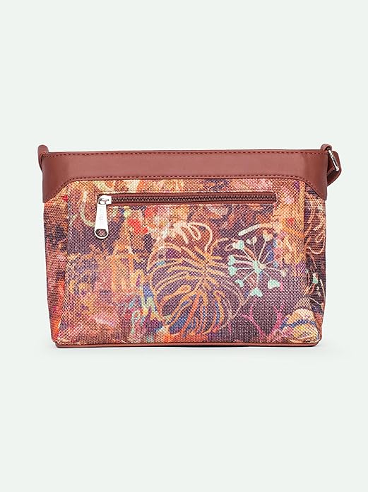 Zouk Premium Jute & Vegan Leather Sling Bag – Printed Motif Crossbody Utility Purse