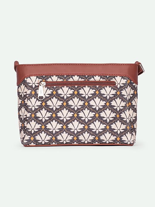 Zouk Premium Jute & Vegan Leather Sling Bag – Printed Motif Crossbody Utility Purse