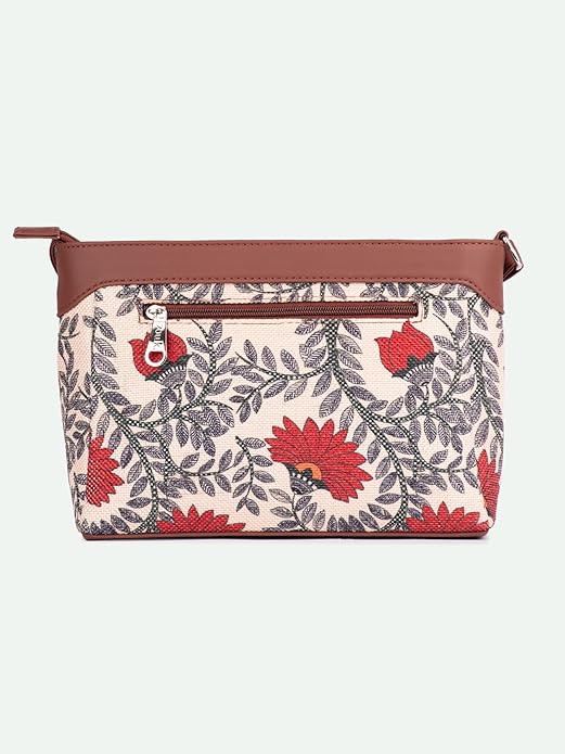 Zouk Premium Jute & Vegan Leather Sling Bag – Printed Motif Crossbody Utility Purse