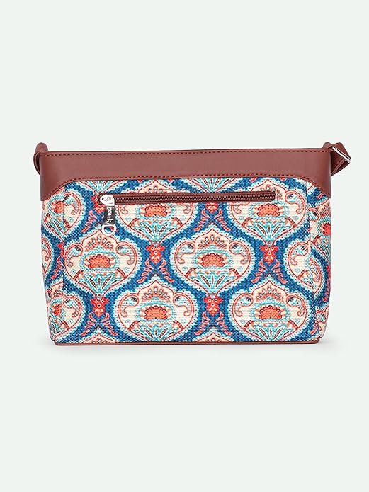 Zouk Premium Jute & Vegan Leather Sling Bag – Printed Motif Crossbody Utility Purse