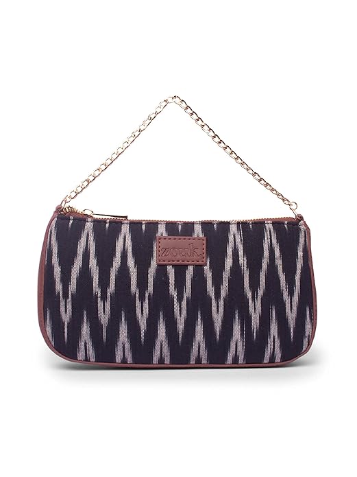 Zouk Premium Jute & Vegan Leather Baguette Shoulder Bag – Black Ikat Printed Utility Sling
