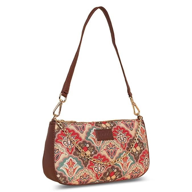 Zouk Premium Jute & Vegan Leather Baguette Shoulder Bag – Mughal Art Multicolor Print