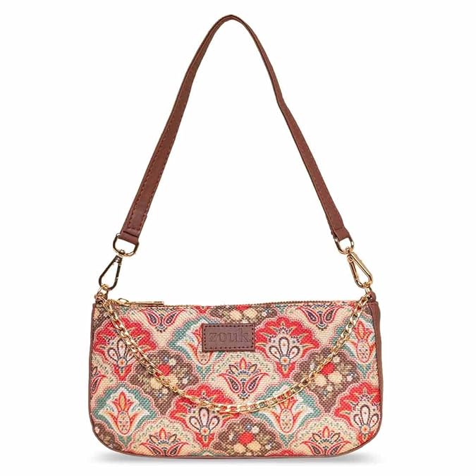 Zouk Premium Jute & Vegan Leather Baguette Shoulder Bag – Mughal Art Multicolor Print