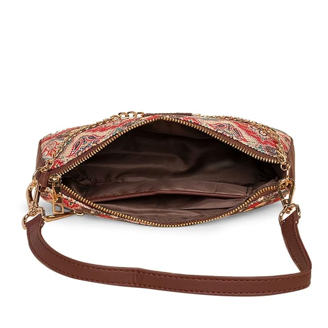 Zouk Premium Jute & Vegan Leather Baguette Shoulder Bag – Mughal Art Multicolor Print