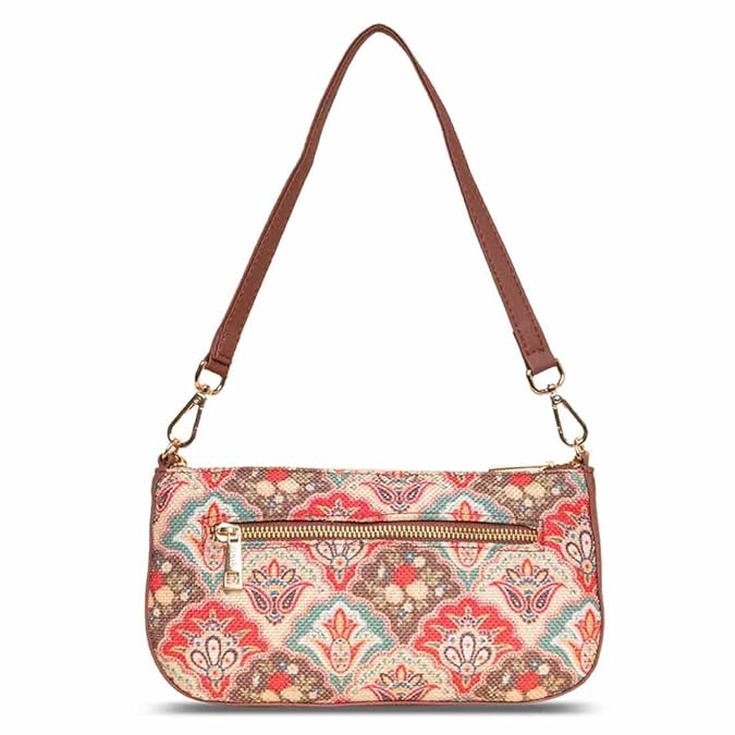 Zouk Premium Jute & Vegan Leather Baguette Shoulder Bag – Mughal Art Multicolor Print