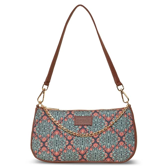 Zouk Premium Jute & Vegan Leather Baguette Shoulder Bag – Printed Mughal Art Multicolor