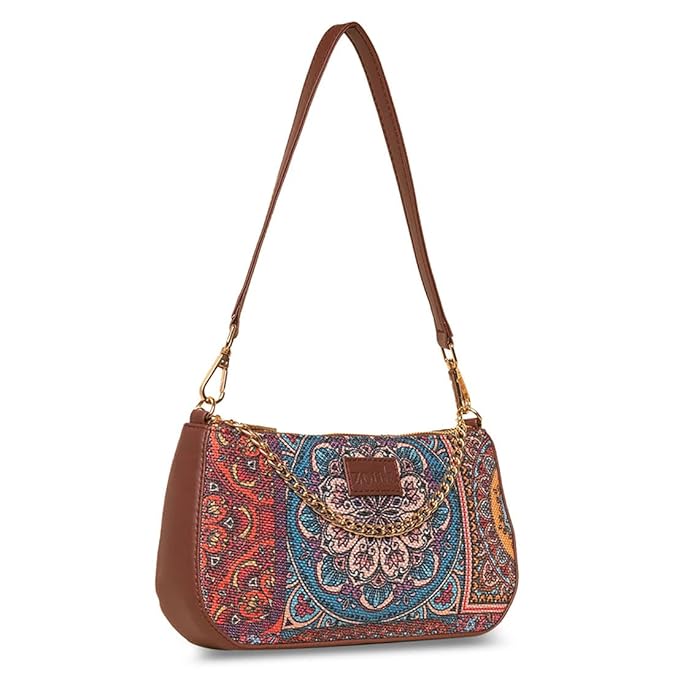 Zouk Premium Jute & Vegan Leather Baguette Shoulder Bag – Printed Mandala Utility Sling