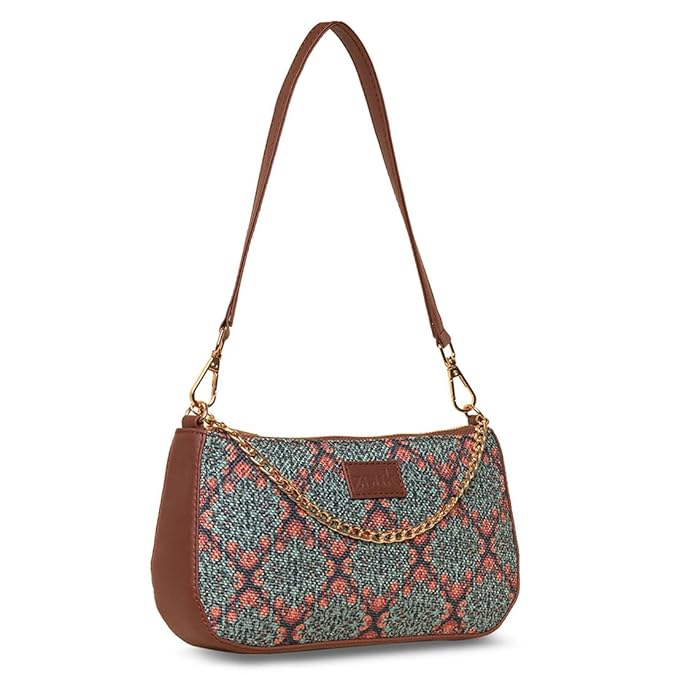 Zouk Premium Jute & Vegan Leather Baguette Shoulder Bag – Printed Mughal Art Multicolor