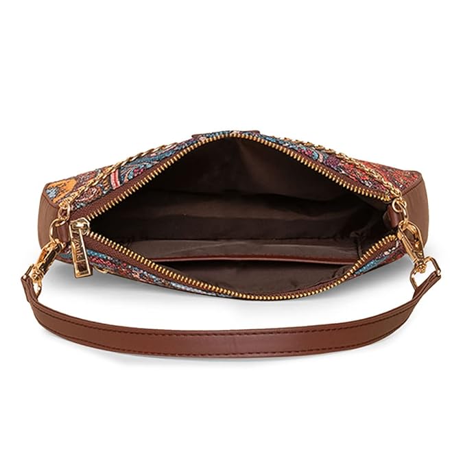Zouk Premium Jute & Vegan Leather Baguette Shoulder Bag – Printed Mandala Utility Sling