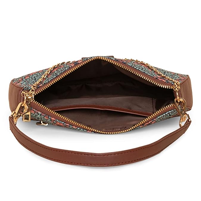 Zouk Premium Jute & Vegan Leather Baguette Shoulder Bag – Printed Mughal Art Multicolor