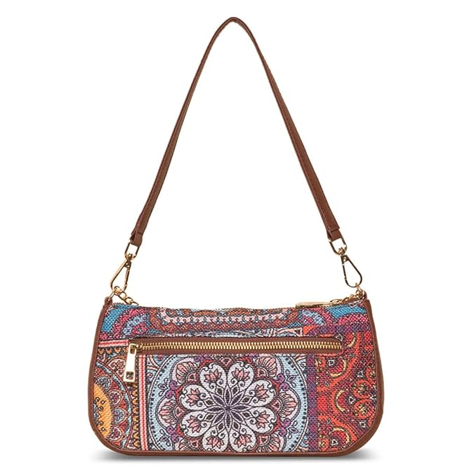 Zouk Premium Jute & Vegan Leather Baguette Shoulder Bag – Printed Mandala Utility Sling