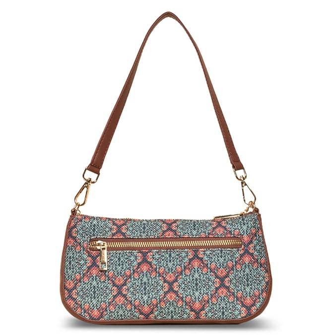 Zouk Premium Jute & Vegan Leather Baguette Shoulder Bag – Printed Mughal Art Multicolor