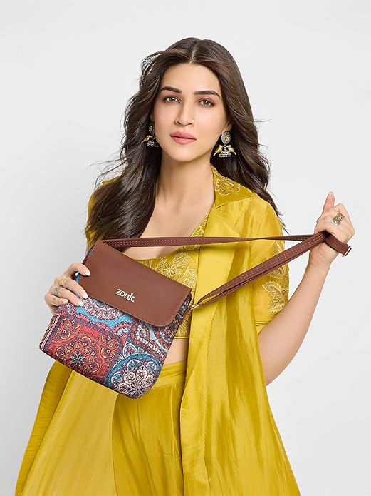 Zouk Premium Jute & Vegan Leather Flap Sling Bag – Printed Motif Crossbody Utility Purse