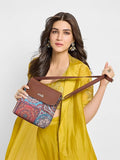 Zouk Premium Jute & Vegan Leather Flap Sling Bag – Printed Motif Crossbody Utility Purse