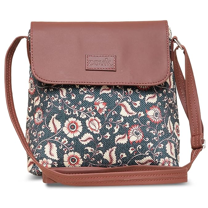Zouk Premium Jute & Vegan Leather Flap Sling Bag – Printed Motif Crossbody Utility Purse