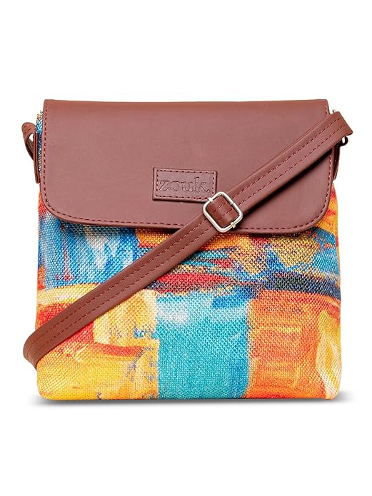 Zouk Premium Jute & Vegan Leather Flap Sling Bag – Printed Motif Crossbody Utility Purse