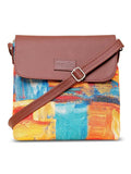 Zouk Premium Jute & Vegan Leather Flap Sling Bag – Printed Motif Crossbody Utility Purse