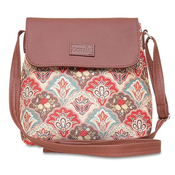 Zouk Premium Jute & Vegan Leather Flap Sling Bag – Printed Motif Crossbody Utility Purse