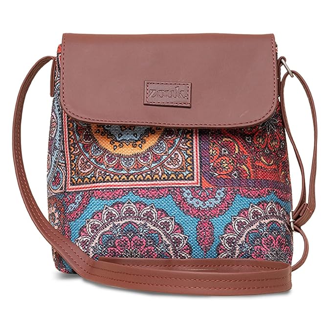 Zouk Premium Jute & Vegan Leather Flap Sling Bag – Printed Motif Crossbody Utility Purse