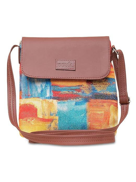 Zouk Premium Jute & Vegan Leather Flap Sling Bag – Printed Motif Crossbody Utility Purse