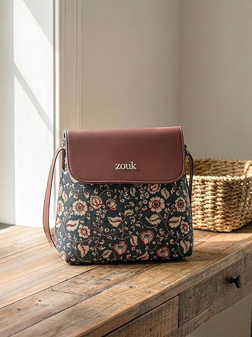 Zouk Premium Jute & Vegan Leather Flap Sling Bag – Printed Motif Crossbody Utility Purse