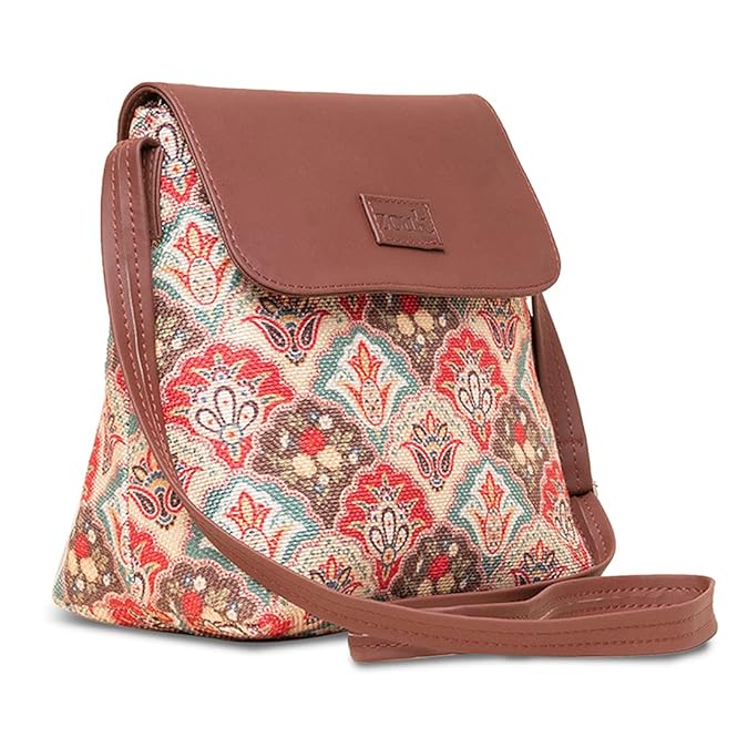 Zouk Premium Jute & Vegan Leather Flap Sling Bag – Printed Motif Crossbody Utility Purse