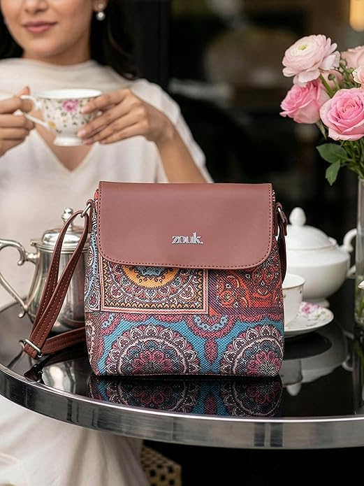 Zouk Premium Jute & Vegan Leather Flap Sling Bag – Printed Motif Crossbody Utility Purse