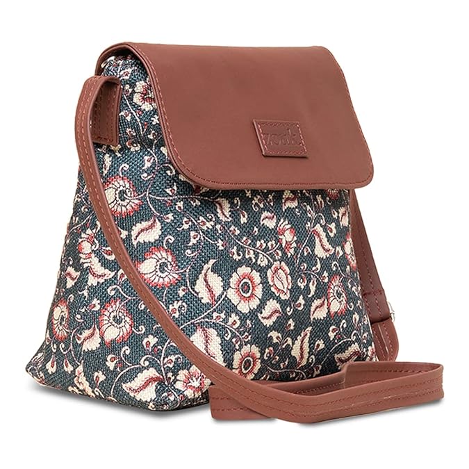 Zouk Premium Jute & Vegan Leather Flap Sling Bag – Printed Motif Crossbody Utility Purse