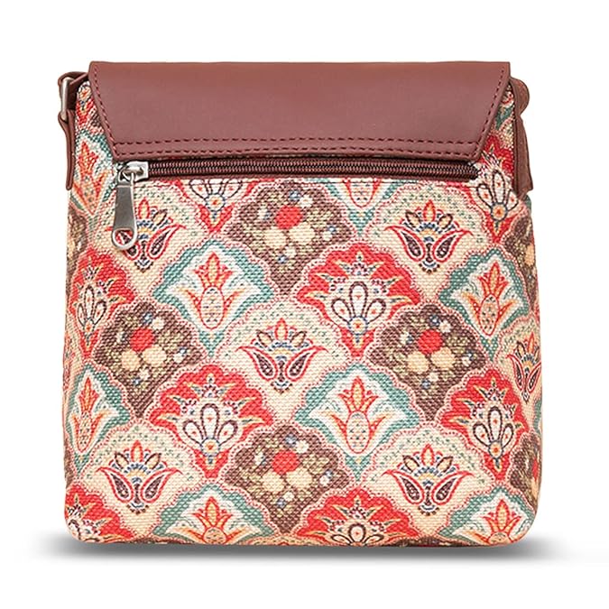 Zouk Premium Jute & Vegan Leather Flap Sling Bag – Printed Motif Crossbody Utility Purse