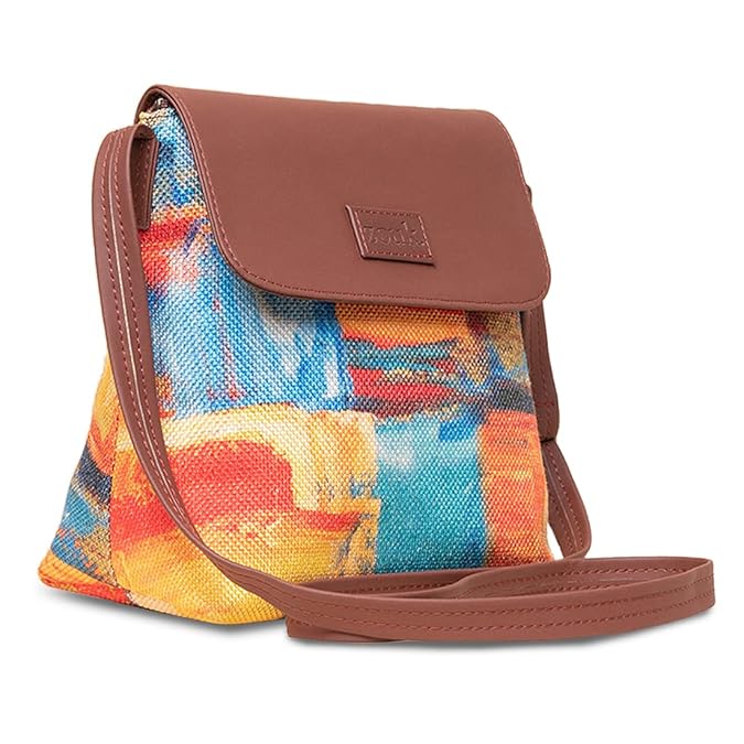 Zouk Premium Jute & Vegan Leather Flap Sling Bag – Printed Motif Crossbody Utility Purse