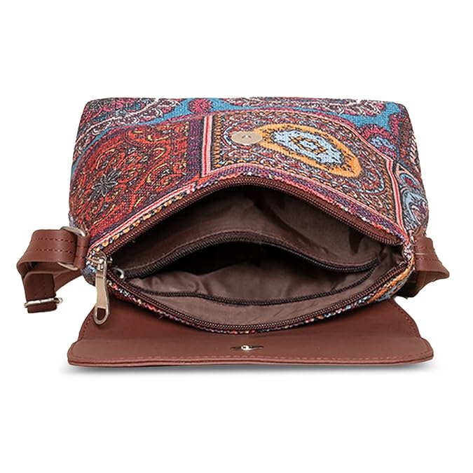 Zouk Premium Jute & Vegan Leather Flap Sling Bag – Printed Motif Crossbody Utility Purse